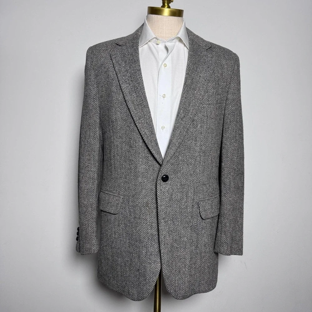 1980s‎ Saks Fifth Avenue Blazer Mens 40R Grey Herringbone Wool Tweed Vintage